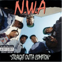 Fig. 2: M.C. Ren (Lorenzo Patterson), Ice Cube (O’Shea Jackson), and Eazy-E (Eric Wright), “Straight Outta Compton,” from N.W.A.’s début album Straight Outta Compton (Hollywood: Ruthless Records and Priority Records, 1988).
