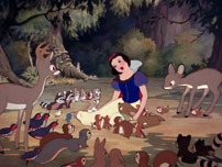 Fig. 2: Målet for Disneys arbejde med tegnefilmmediet var af teknisk art: Han søgte hele tiden at komme tættere på en tegnefilmisk realisme med et væld af special effects og medarbejdere (organiseret som en bilfabrik), der kunne skabe den idealiserede virkelighed, som appellerede til et bredt publikum. Her framegrab fra det tekniske mesterstykke, Snow White and the Seven Dwarfs (1937).