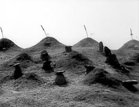 Fig. 2. The final shot of the burial mounds. There is one ceremonial burial, of the samurai Heihachi, earlier in the film, but, significantly, the human struggle interrupts it as the bandits appear en masse on the horizon.