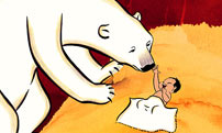 Fig.6: I Jannik Hastrups Drengen der ville gøre det umulige finder en isbjørnehun en erstatning for tabet af sin egen unge i en eskimofamilies nyfødte dreng.