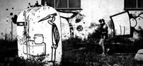 Fig. 6. I morgen spiser vi hos dig (Anders Berthelsen, JA Film, 2010) benytter Århus byrum som kanvas: animationerne af Rune T. Kiddes fortælling om en gravhund, en bjørn og en gammel hejre udspiller sig på de vægge, gavle, olietønder og containere, som en ung kvinde passerer alt imens hun – formoder man – har Kiddes fortælling kørende i hørebøfferne.