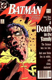 Fig. 7: I 1988 udgav DC Comics A Death in the Family, hvor læserne havde stemt om, hvorvidt den unge Robin skulle overleve et livstruende angreb eller ej. Et smalt flertal stemte for Robins død, og fortællingen om Bruce Wayne, der begraver den døde Robin blev udgivet under stor mediebevågenhed.