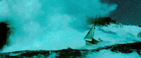 Fig. 10: Max ankommer meget symbolsk til øen i et rasende stormvejr. Da han forlader øen igen, er havet blikstille.