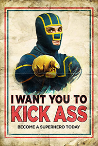 Fig. 13: Kick-Ass (2010) er med sin selvironiske indgangsvinkel til superhelteuniverset prototypen på en genreparodisk film, hvis fremkomst, ifølge filmteoretikeren Thomas Schatz, kan indikere et forestående skifte til den fjerde og sidste fase i genrecyklussen.