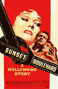 Fig. 1. Den originale filmplakat. Et tegnet close-up af Norma Desmonds ansigt. Med skræmte blikke - og i tæt omfavnelse - kigger Joe Gillis og Betty Schaefer op på Norma.