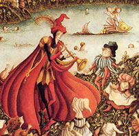 Fig. 5: Pied Piper  is a fictional rat-catcher who, according to legend, came to the town of Hamlin  to take care of a rat infestation. Using his pipe, he managed to lure the rats  into the Weser River, but he was never duly rewarded.