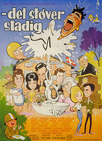 Fig. 2: Plakat fra folkekomedien Det støver stadig (1962). Man fornemmer  det komiske og farceagtige islæt, som filmene har, ved at hovedkaraktererne er  gengivet som karikaturer.