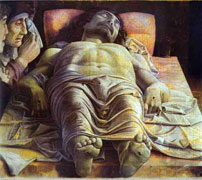 Fig. 2 + fig. 3: Ligheden mellem Zvyagintsevs dvælende mise-en-scene med den sovende, hjemvendte far i the Return og renæssancemaleren Andrea Mantegnas hovedværk The Lamentation over the Dead Christ (Tempera on canvas, 68x81 cm, 1490, Pinacoteca di Brera, Milan) er slående: Selv lagnets placering, hovedets drejning og hændernes stilling er identiske, og de horisontale linier dominerende.